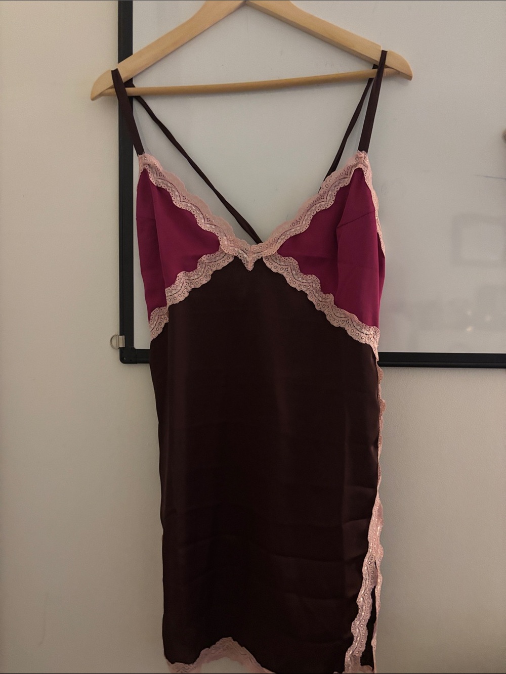 Free People Burgundy Slip Dress with Pink Lace Accents